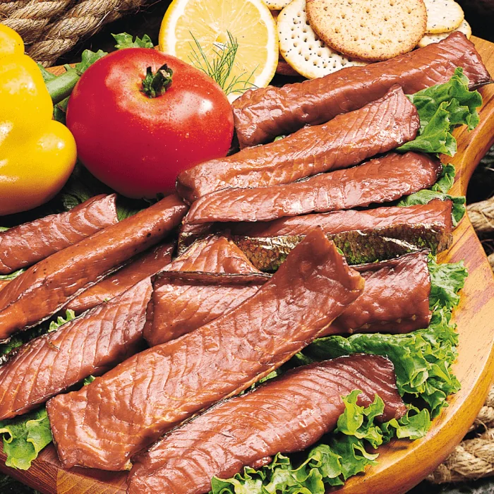 A pack of Smoked Silver Salmon Strips.