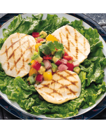 Fresh halibut cheeks displayed on a bed of ice in a seafood market.