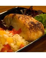 A large sampler of Whitefish, specifically Black Cod, Halibut and Rockfish presented on a dinner plate