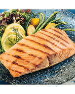 16 pieces of King salmon fillets neatly arranged in a display.