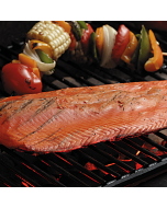 Whole sides of smoked salmon displayed on a simple background.
