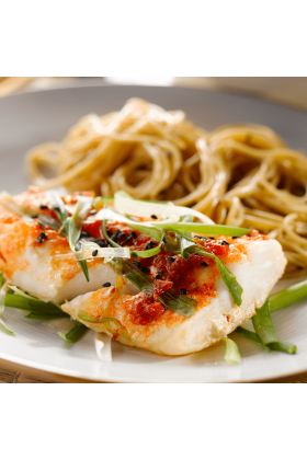 A fresh Alaskan True Cod fish product, known for its white and flaky texture.