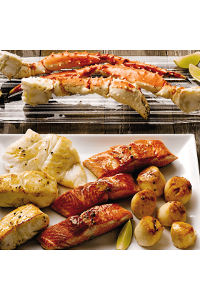 A variety pack of Alaskan Harvest seafood, including various types of wild-caught fish and shellfish.