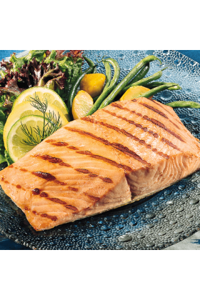 16 pieces of King salmon fillets neatly arranged in a display.