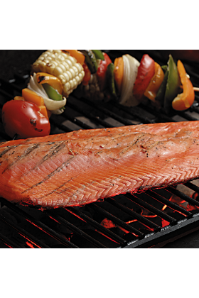 Whole sides of smoked salmon displayed on a simple background.